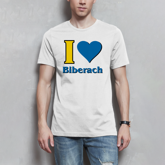 Herren T-Shirt "I Love Biberach, blau/gelb"