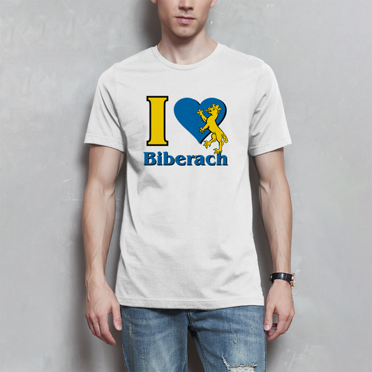 Herren T-Shirt "I Love Biberach, blau/gelb mit Biber"