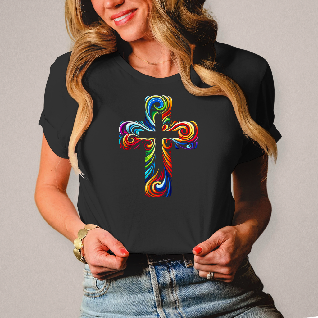 Damen T-Shirt mit buntem Kreuz in Kreuz Design