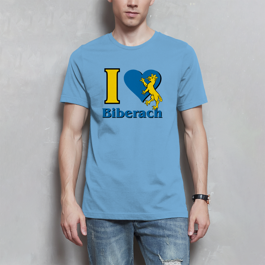 Herren T-Shirt "I Love Biberach, blau/gelb mit Biber"