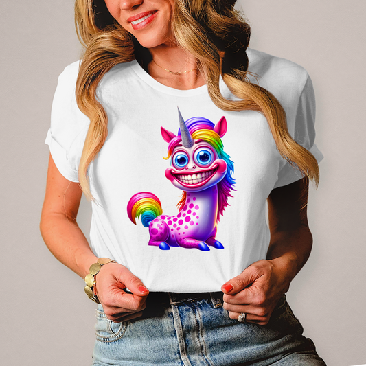 Damen T-Shirts mit Grinsendes Einhorn, cool, neon
