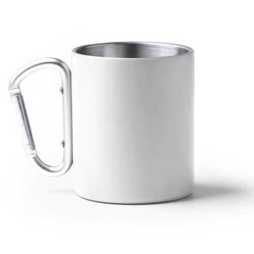 Robuster Edelstahlbecher mit Karabinergriff – ideal für Fasnet, Karneval, Faschning, Narren Zünfte weiß