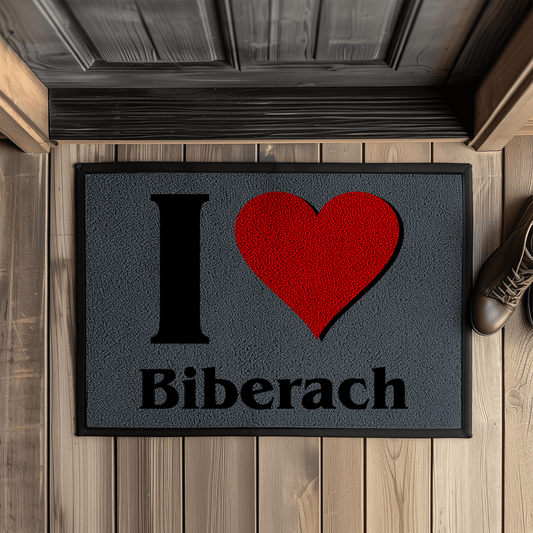 Fußmatte mit Gummirand" I Love Biberach, schwarz/rot"