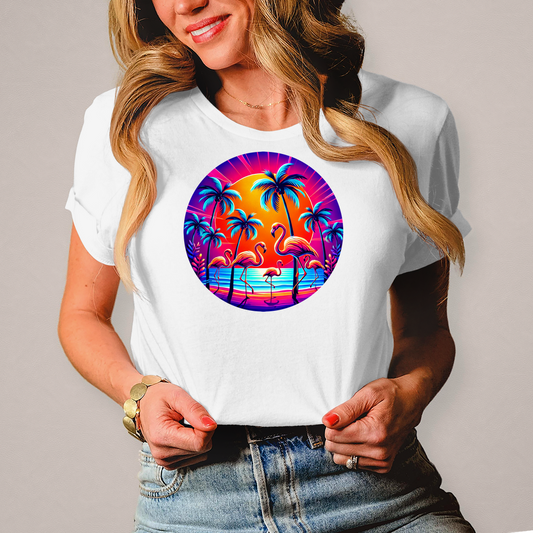 Damen T-Shirts mit Flamingo und Palmen Miami Styl, neon, 80er.