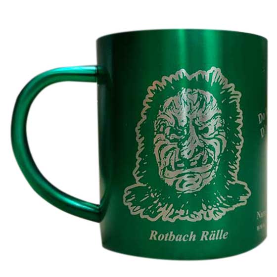 Lasergravur auf Metallbecher / hier eine Gravur von einer Narrenzunft Tasse in grün