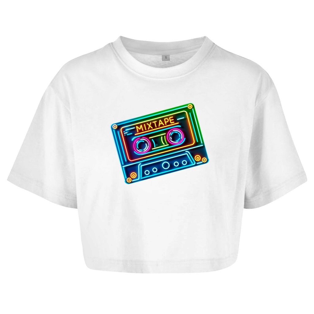 Crop Top „Mixtape“ für Damen | Oversize Retro Shirt mit Neon-Kassette | 100 % Baumwolle