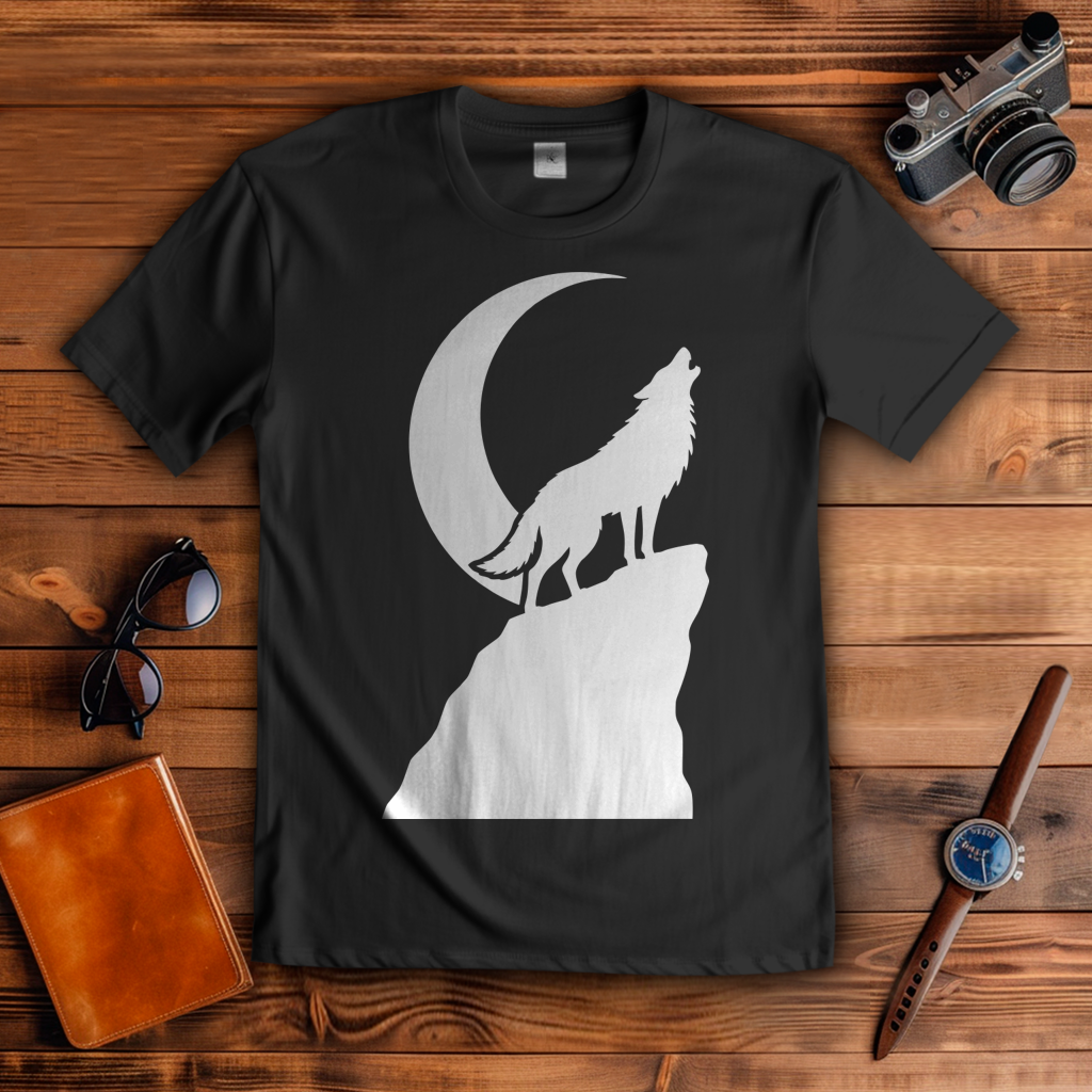 T-Shirt Wolf auf Felsen im Mondschein