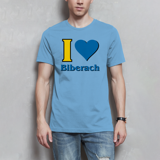 Herren T-Shirt "I Love Biberach, blau/gelb"