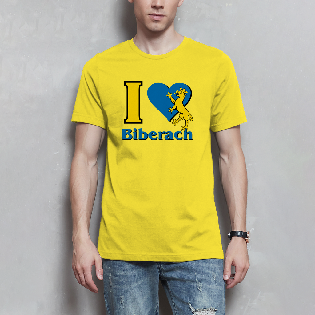 Herren T-Shirt "I Love Biberach, blau/gelb mit Biber"