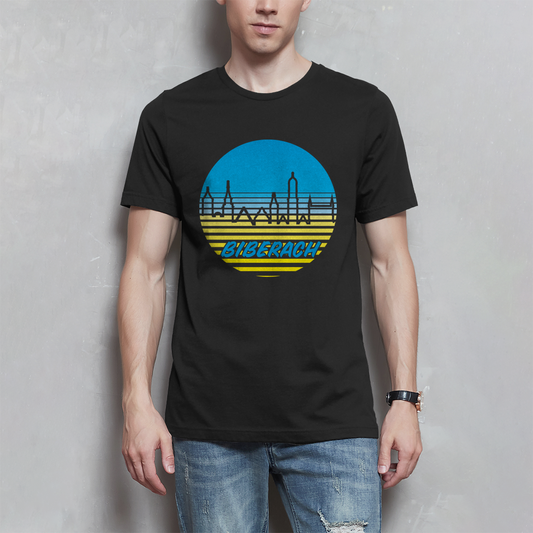 Herren T-Shirt "Biberach Skyline, blau/gelb"