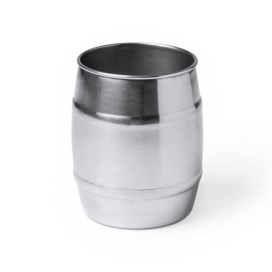Bierbecher aus Edelstahl Metallbecher 500ml in Alufass optik.