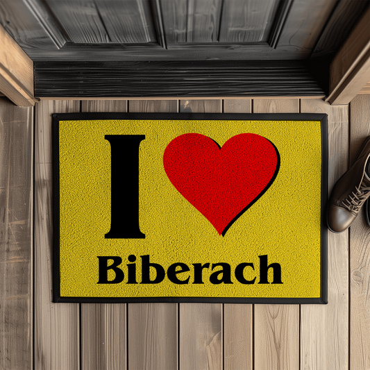Fußmatte mit Gummirand" I Love Biberach, schwarz/rot"